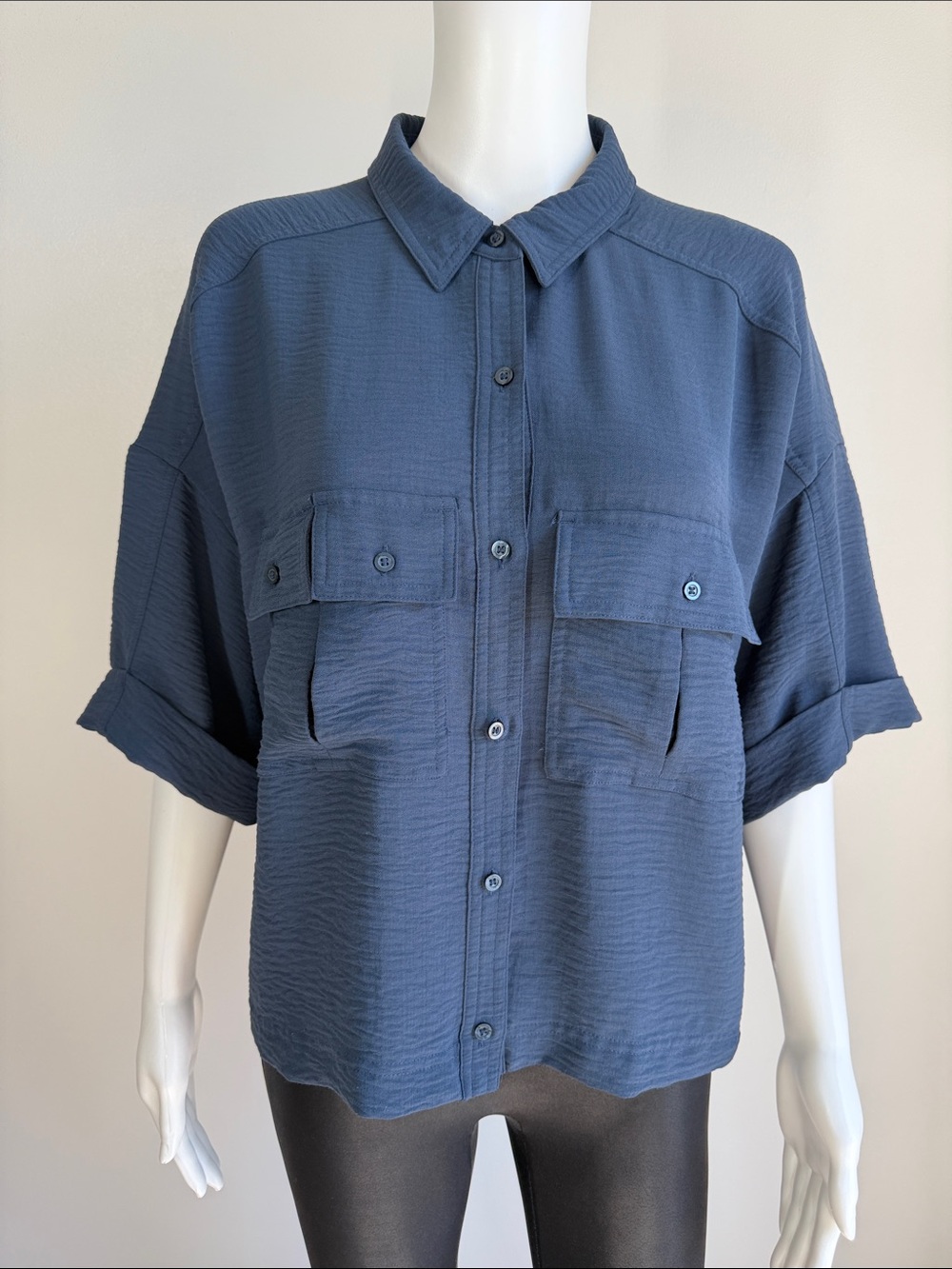 Worthington Navy Blue Textured Utility Button-Down Shirt – Size XL